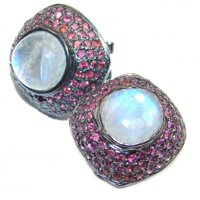 Angelica Rainbow Moonstone Ruby Black rhodium over .925 Sterling Silver handcrafted stud earrings