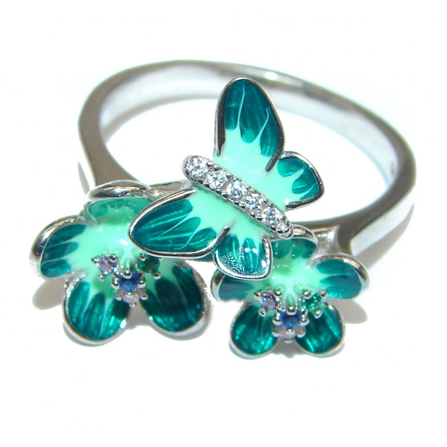Elegant Enamel Green Flower .925 Sterling Silver Ring s. 9