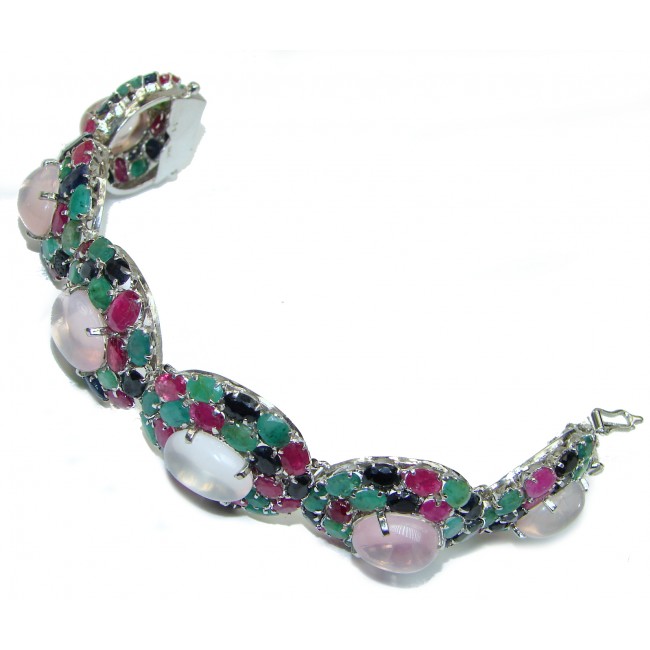 Authentic Rose Quartz Red Ruby Emerald Sapphire .925 Sterling Silver handcrafted Bracelet