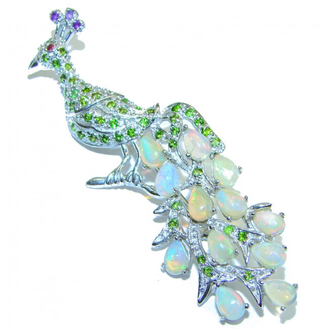 Dazzling Peacock Natural Ethiopian Opal 925 Sterling Silver Pendant Brooch