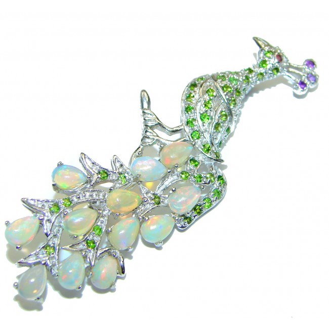 Dazzling Peacock Natural Ethiopian Opal 925 Sterling Silver Pendant Brooch