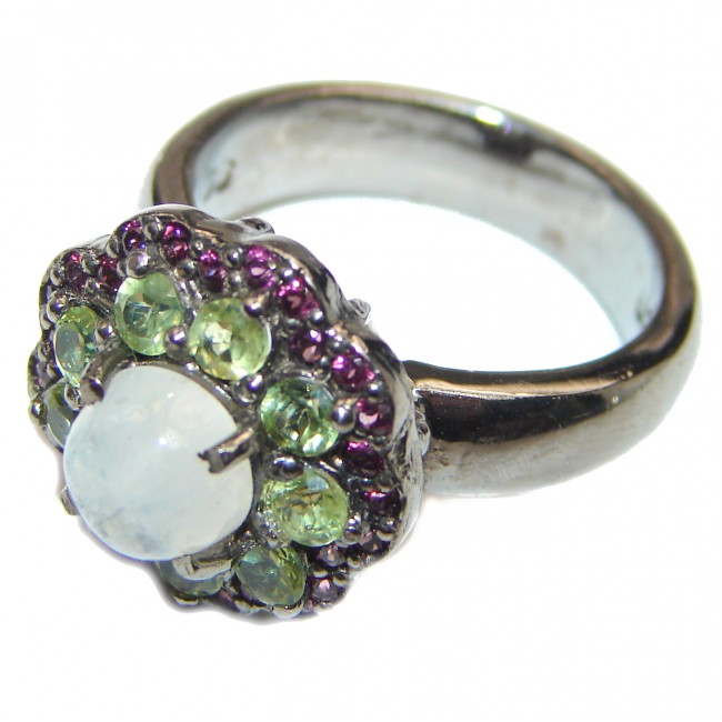 Angelica Rainbow Moonstone Ruby Black rhodium over .925 Sterling Silver handmade Ring size 8