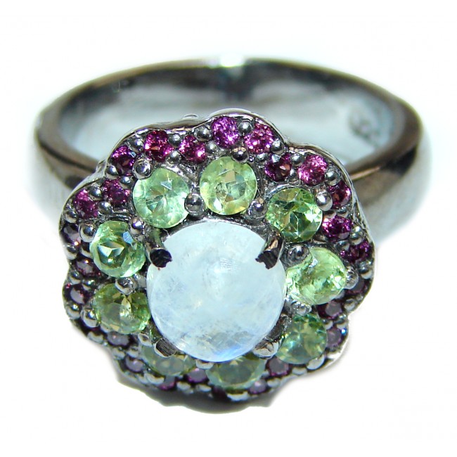 Angelica Rainbow Moonstone Ruby Black rhodium over .925 Sterling Silver handmade Ring size 8