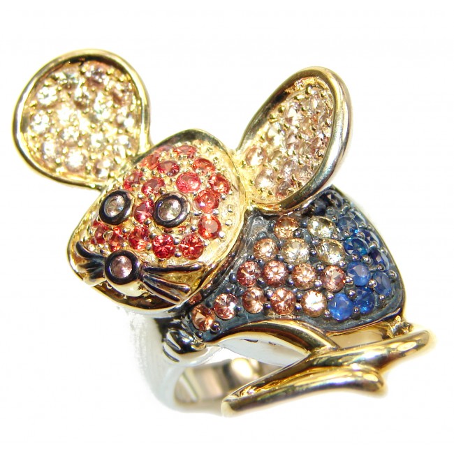 Cute Mouse Genuine Garnet 18ct Gold Rhodium over .925 Sterling Silver handmade Cocktail Ring s. 7