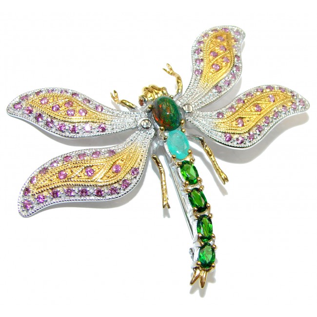 Incredible Dragonfly Natural Black Opal Ruby 925 Sterling Silver Pendant Brooch