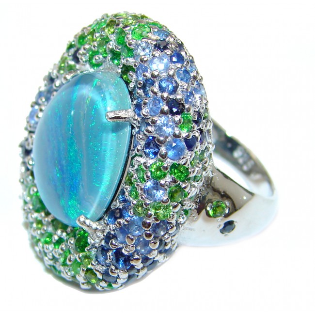 Australian Doublet Opal Tsavorite Garnet .925 Sterling Silver handcrafted Statement ring size 6