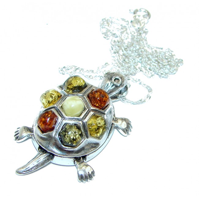 Turtle Natural Polish Amber .925 Sterling Silver handcrafted necklace