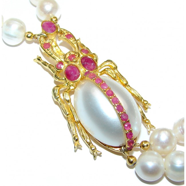 Immortality Pearl Ruby Scarabaeus 14K Gold over .925 Sterling Silver handmade Necklace