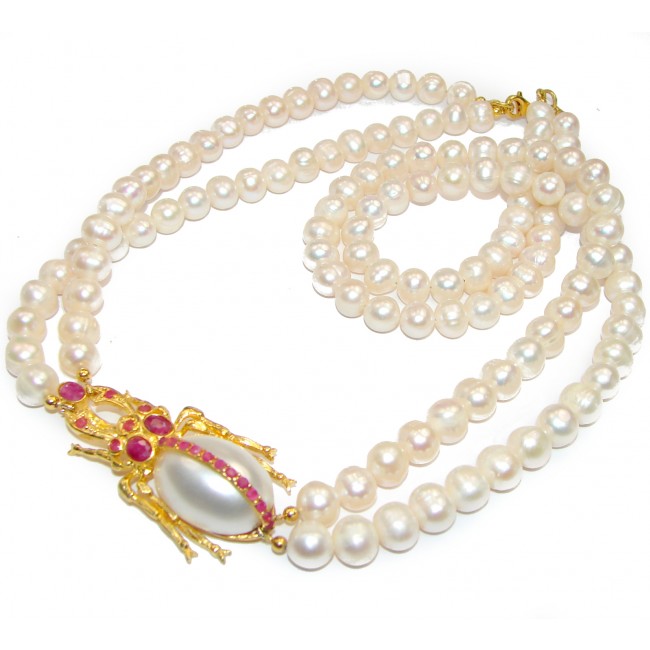 Immortality Pearl Ruby Scarabaeus 14K Gold over .925 Sterling Silver handmade Necklace