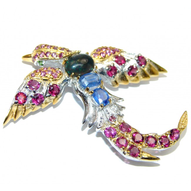 Incredible Flaying Bird Natural Black Opal Ruby 925 Sterling Silver Pendant Brooch