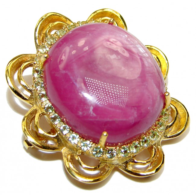 Large genuine 66ctw Ruby 14K Gold over .925 Sterling Silver handmade Pendant - Brooch