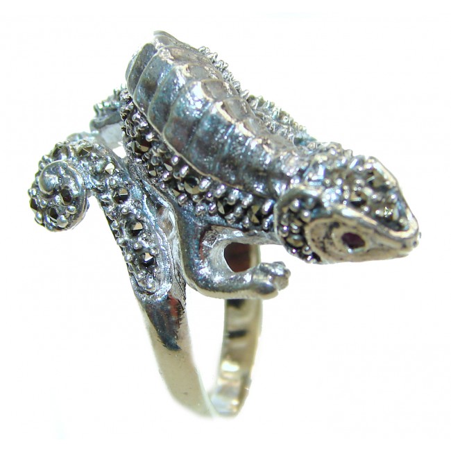 Lizards Natural Marcasite Ruby .925 Statement Sterling Silver ring size 8