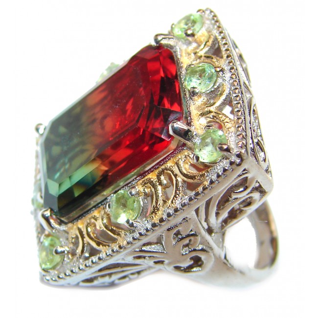 HUGE Emerald cut Watermelon Tourmaline 18k Gold over .925 Sterling Silver handcrafted Ring s. 7