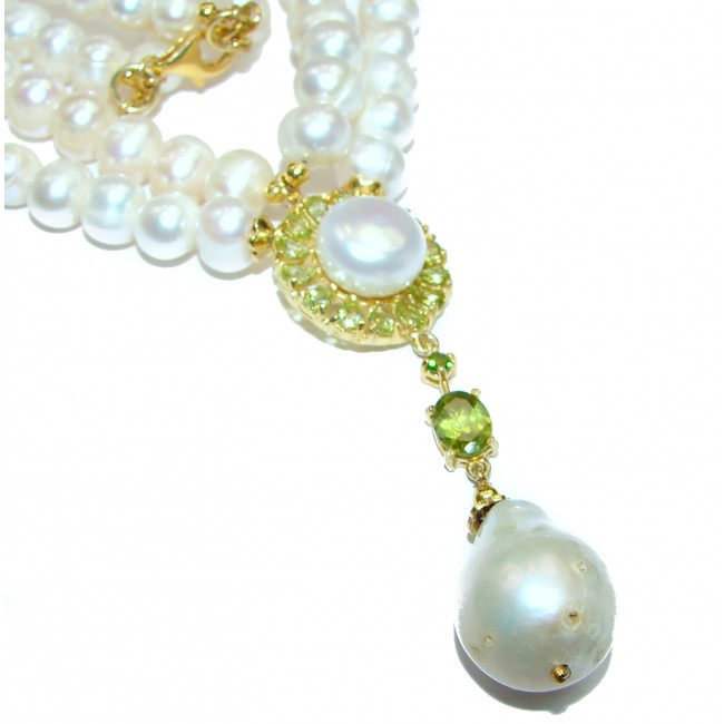 Tsarist heirloom Pearl & Natural Peridot 14K Gold over .925 Sterling Silver handmade Necklace