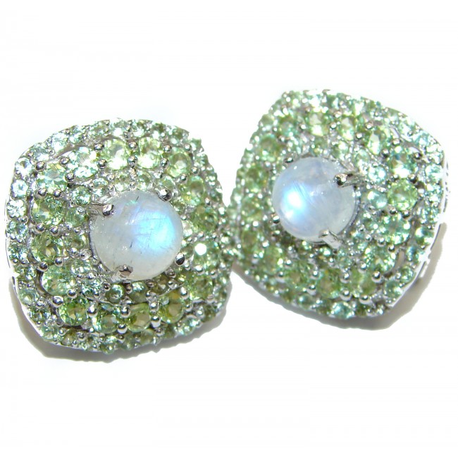 Fabulous Rainbow Moonstone & Peridot Rhodium over .925 Sterling Silver handcrafted stud earrings