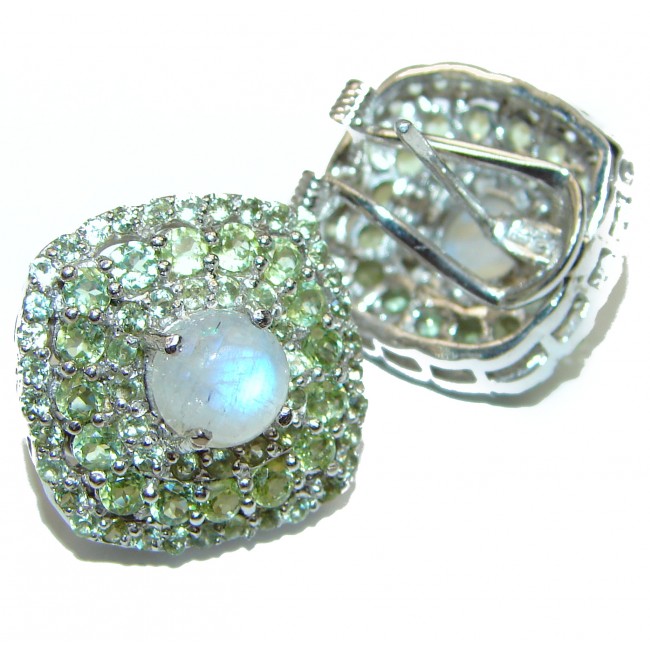 Fabulous Rainbow Moonstone & Peridot Rhodium over .925 Sterling Silver handcrafted stud earrings