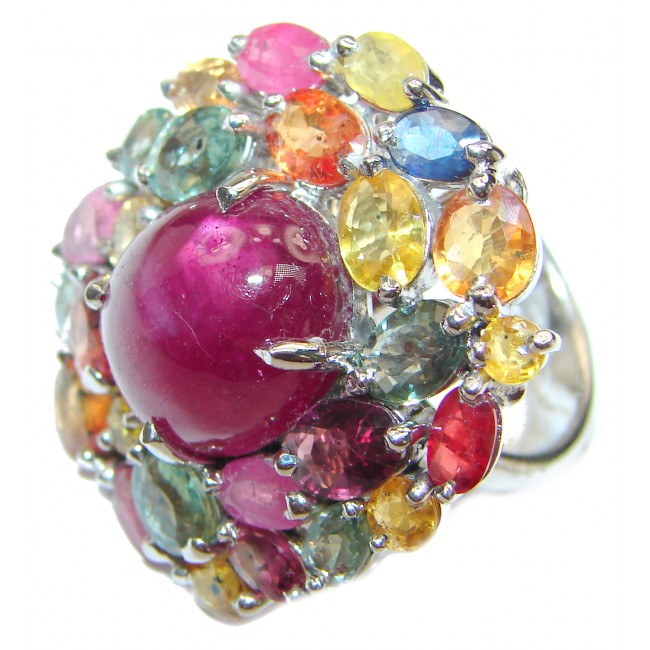 Gabriella Large Genuine Ruby multicolor Sapphire .925 Sterling Silver handcrafted Statement Ring size 6 1/2
