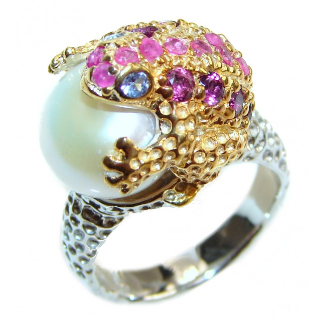 Large Frog Genuine Ruby Pearl .925 Sterling Silver handcrafted Statement Ring size 7
