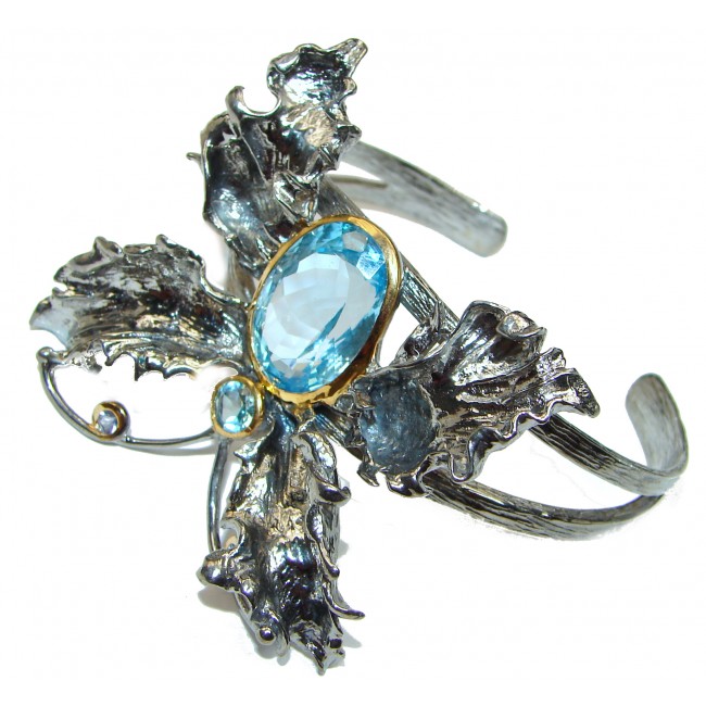 Enchanted Beauty Butterfly Swiss Blue Topaz 24K Gold over .925 Sterling Silver antique patina Bracelet / Cuff