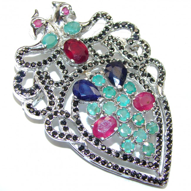 Large genuine Kashmir Ruby Emerald Sapphire .925 Sterling Silver handmade Pendant - Brooch