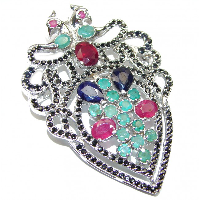 Large genuine Kashmir Ruby Emerald Sapphire .925 Sterling Silver handmade Pendant - Brooch