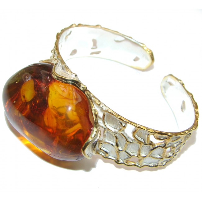 One of the kind genuine Baltic Sea Amber 14K Gold over .925 Sterling Silver handmade Bracelet / Cuff