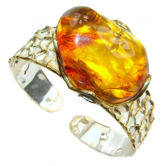 One of the kind genuine Baltic Sea Amber 14K Gold over .925 Sterling Silver handmade Bracelet / Cuff