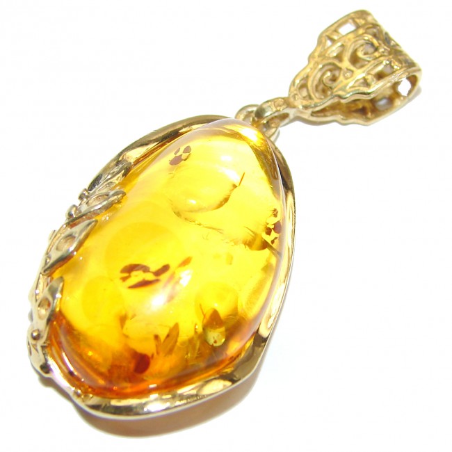 Natural Honey color Baltic Amber 18K Gold over .925 Sterling Silver handmade Pendant