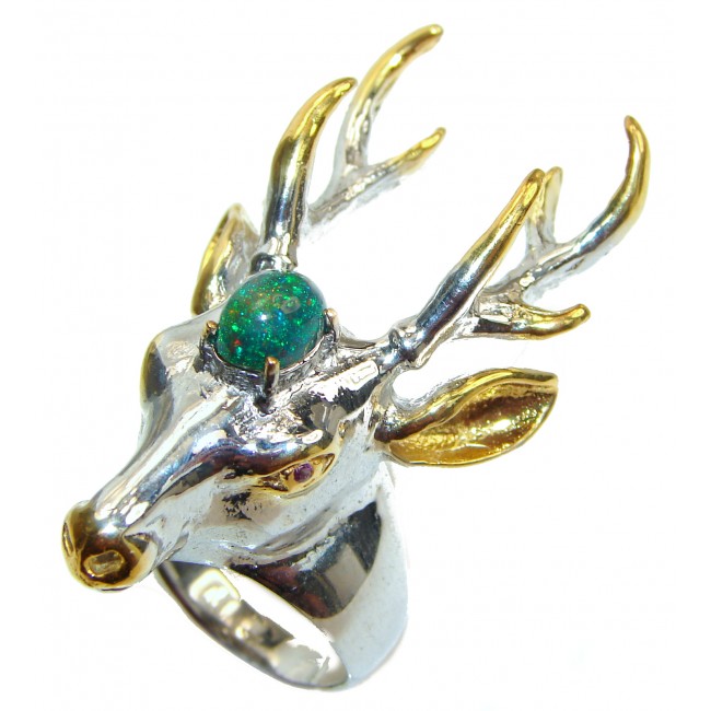 Large Deer Head Black Opal .925 Sterling Silver handmade Ring size 8 3/4