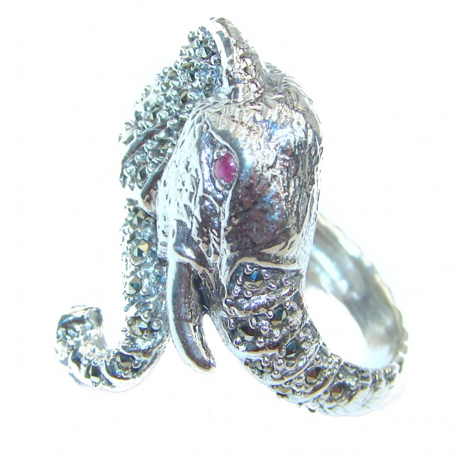 Elephant Natural Marcasite Ruby .925 Statement Sterling Silver ring size 8