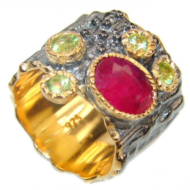 Genuine Ruby 18K Gold .925 Sterling Silver handcrafted Statement Ring size 7 1/2