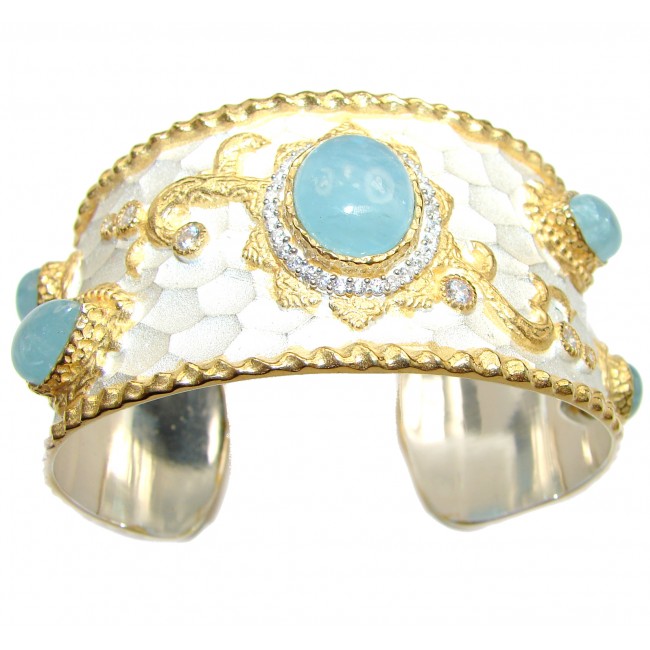 Enchanted Beauty Aquamarine 24K Gold over .925 Sterling Silver antique patina Bracelet / Cuff