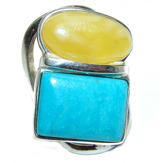 Real Beauty Butterscotch Baltic Amber Turquoise .925 Sterling Silver handmade Ring size 7 adjustable