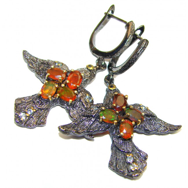 Dazzling natural Precious Mexican Fire Opal black rhodium over .925 handcrafted earrings