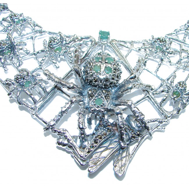 LARGE One of the kind Spider's web Colombian Emerald .925 Sterling Silver handmade necklace