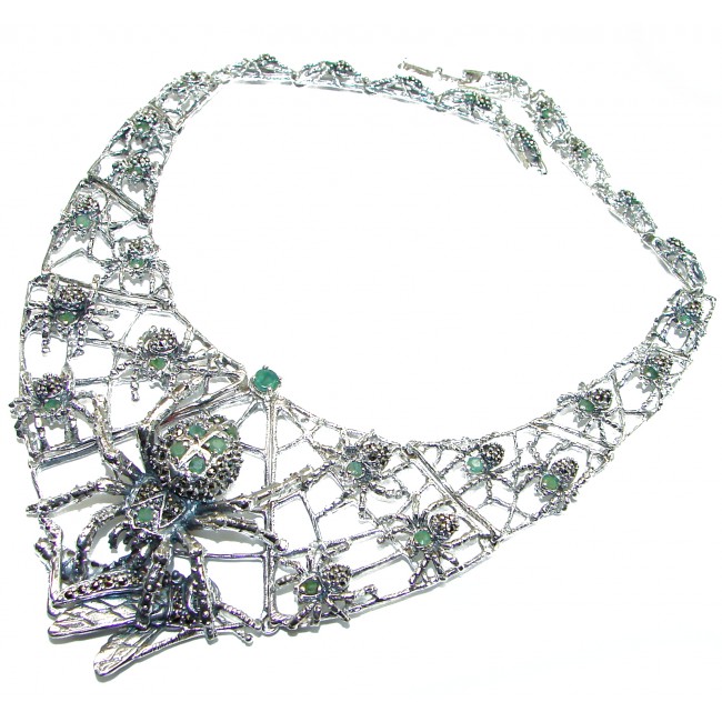LARGE One of the kind Spider's web Colombian Emerald .925 Sterling Silver handmade necklace