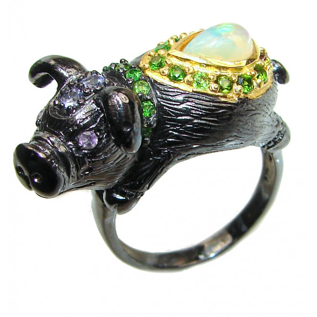 Lucky Pig Ethiopian Opal black rhodium over .925 Sterling Silver handcrafted ring size 9