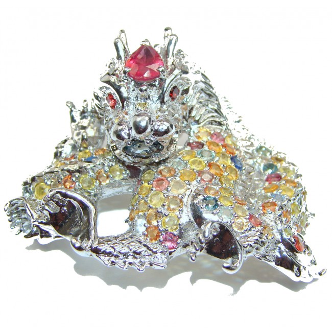 Large Dragon genuine Kashmir Ruby .925 Sterling Silver handmade Pendant - Brooch
