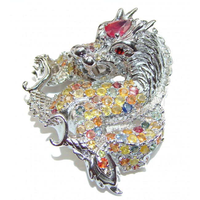 Large Dragon genuine Kashmir Ruby .925 Sterling Silver handmade Pendant - Brooch
