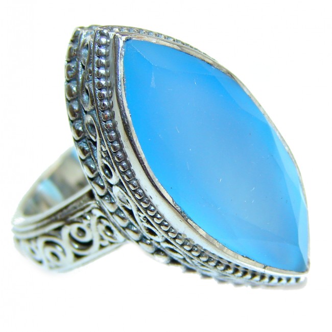 Huge Blue Chalcedony Agate .925 Sterling Silver handcrafted Ring s. 7