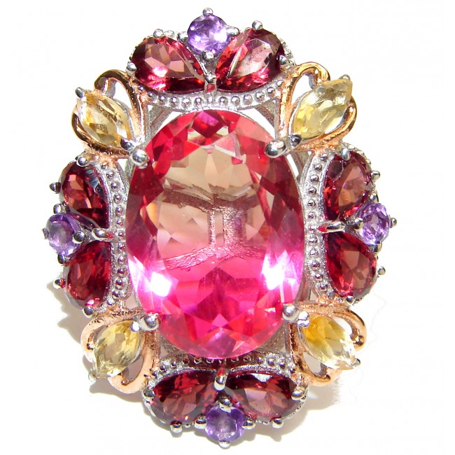 HUGE Oval cut Pink Tourmaline 18K Gold over .925 Sterling Silver handcrafted Ring s. 8