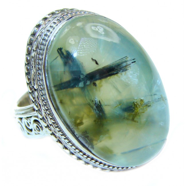 Spectacular Natural Moss Prehnite .925 Sterling Silver handmade ring s. 8