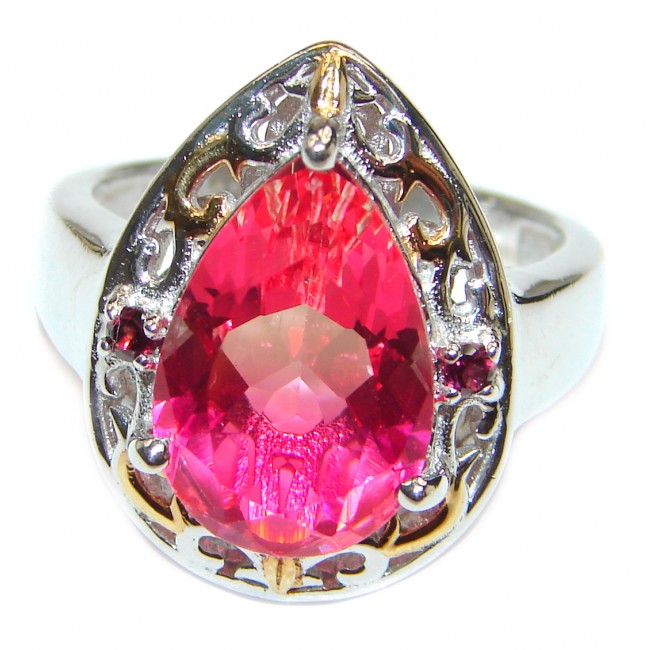 HUGE pear cut Pink Tourmaline 18K Gold over .925 Sterling Silver handcrafted Ring s. 8 1/4