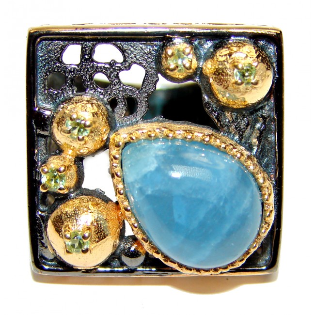 Vinatge Design Aquamarine 18K Gold over .925 Sterling Silver handmade ring s. 7 1/4