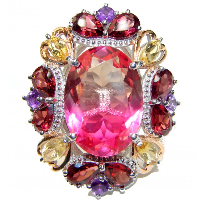 HUGE Oval cut Pink Tourmaline 18K Gold over .925 Sterling Silver handcrafted Ring s. 7 1/4