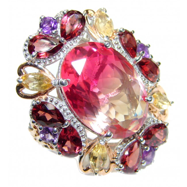 HUGE Oval cut Pink Tourmaline 18K Gold over .925 Sterling Silver handcrafted Ring s. 7 1/4