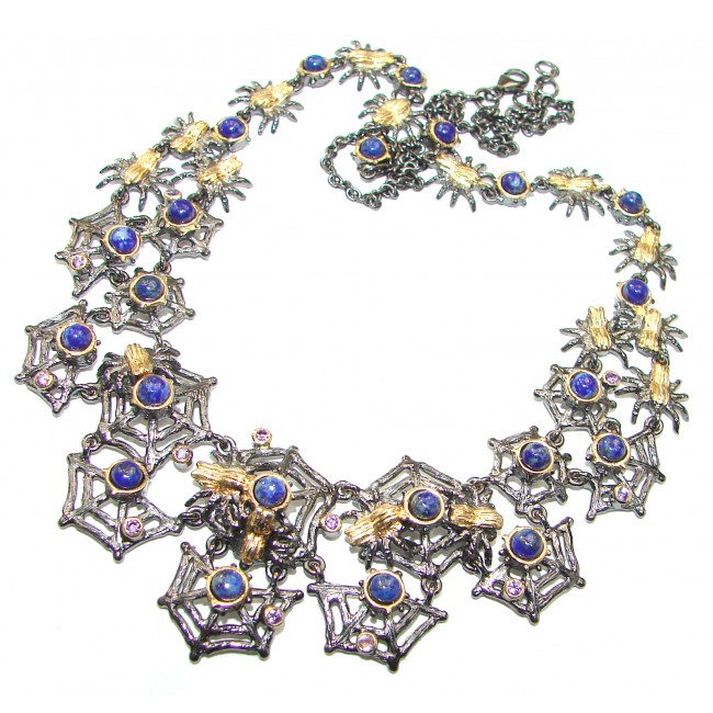 Huge Spider's Web genuine Lapis Lazuli 18 ct Gold Rhodium over .925 Sterling Silver handcrafted necklace