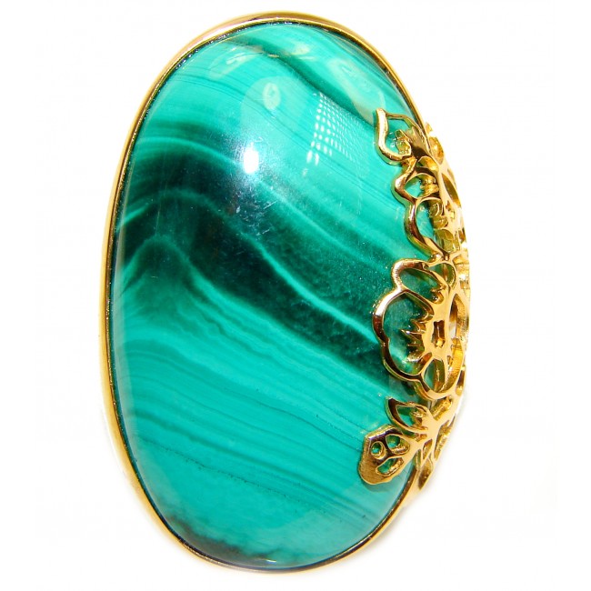 Natural Sublime quality Malachite 14K Gold over .925 Sterling Silver handcrafted ring size 8 adjustable