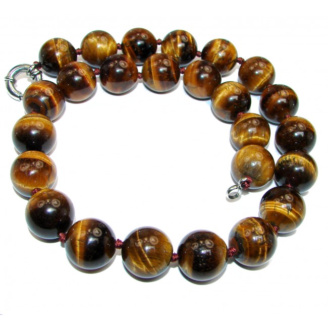 Large Perfect Gift Golden Tigers Eye .925 Sterling Silver Hand-Knot Necklace