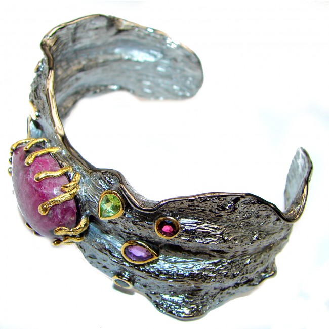 One of the kind GENUINE Eudialyte 14KGold over .925 Sterling Silver Bracelet / Cuff